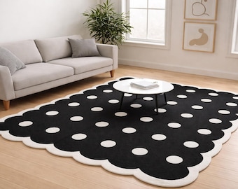 Hand Tufted Black & White Polka Dot Rug | Scalloped Edge Handmade Carpet