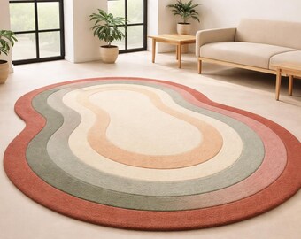 Abstract Wavy Round Area Rug, Boho Neutral Carpet