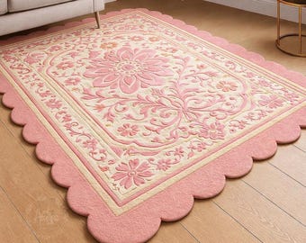 Blush Pink Floral Rug, Scalloped Edge, Cottagecore Style