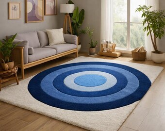 Blue Circle Area Rug, Modern Nordic Geometric Pattern, Soft Living Room Carpet