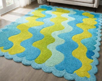 Blue Green Wave Rug, Modern Scalloped Area Carpet