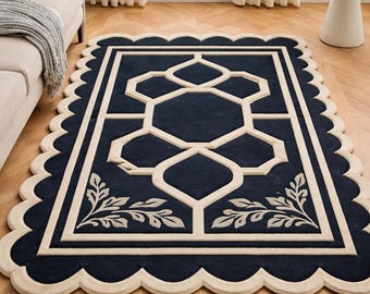 Hand Tufted Navy Blue Scalloped Rug, Modern Geometric Carpet