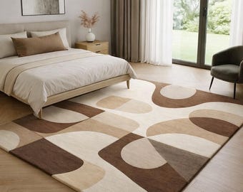 Beige Brown Abstract Area Rug | Modern Geometric Handmade Style