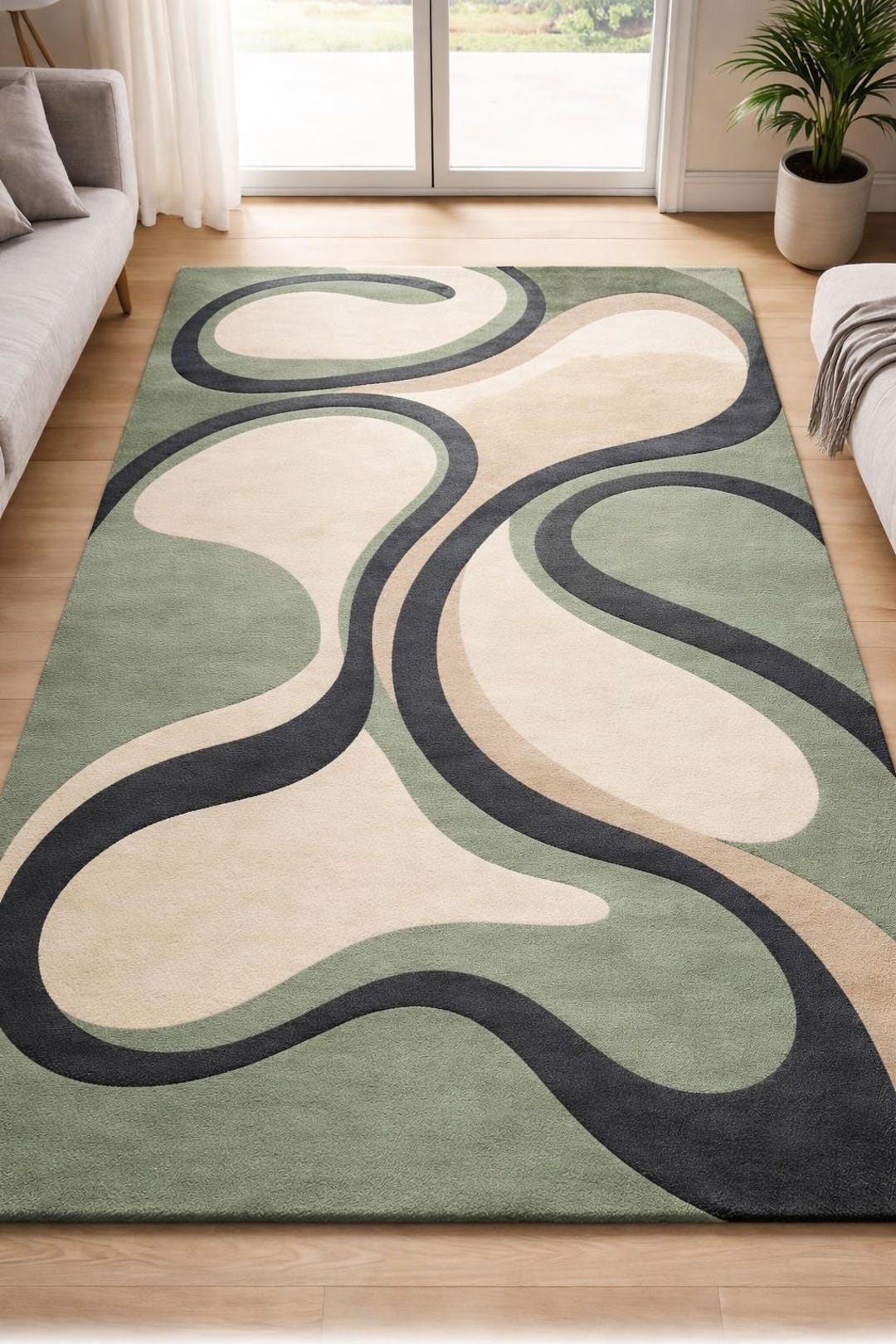 Patterned Green Rug Abstract Design Abstract Green Area Rug, Wavy Beige Scandinavian Carpet - Etsy