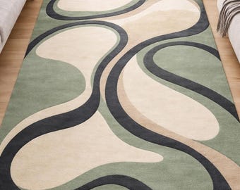 Abstract Green Area Rug, Wavy Beige Scandinavian Carpet