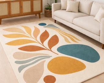 Mid Century Abstract Area Rug, Scandinavian Floral Geometric Carpet, Cream Beige Living Room Decor