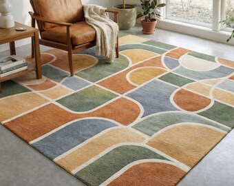 Abstract Arch Area Rug, Earth Tone Geometric Carpet, Mid-Century Modern