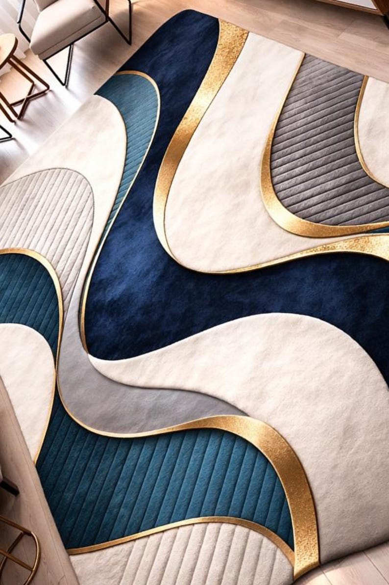 Abstract Blue Gold Wave Area Rug, Contemporary Living Room Carpet ...