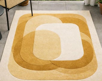 Mustard Yellow Cream Geometric Area Rug, Mid Century Abstract Carpet, Soft Living Room Decor