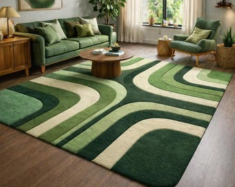 Green Abstract Wave Area Rug, Retro Mid-Century Modern Carpet