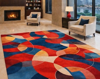 Modern Geometric Area Rug, Abstract Red Blue Carpet, Colorful Statement Floor Mat