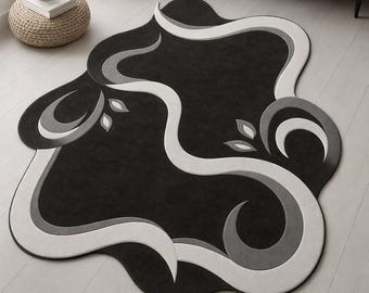 Tappeto di lana astratto annodato a mano / Tappeto di design nero, bianco e grigio