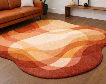 Abstract Wavy Area Rug, Orange Beige Irregular Shape Carpet, Contemporary Living Room Mat