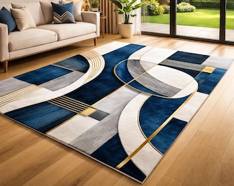 Modern Blue White Gold Geometric Abstract Area Rug, Contemporary Living Room Carpet