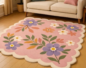Pink Floral Rug, Scalloped Edge, Vintage Style Nursery Carpet