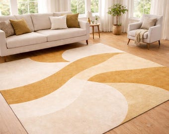Beige and Mustard Abstract Area Rug, Modern Geometric Carpet