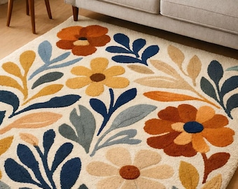 Colorful Floral Tufted Area Rug, Modern Boho Botanical Carpet, Cream Base Bedroom Mat