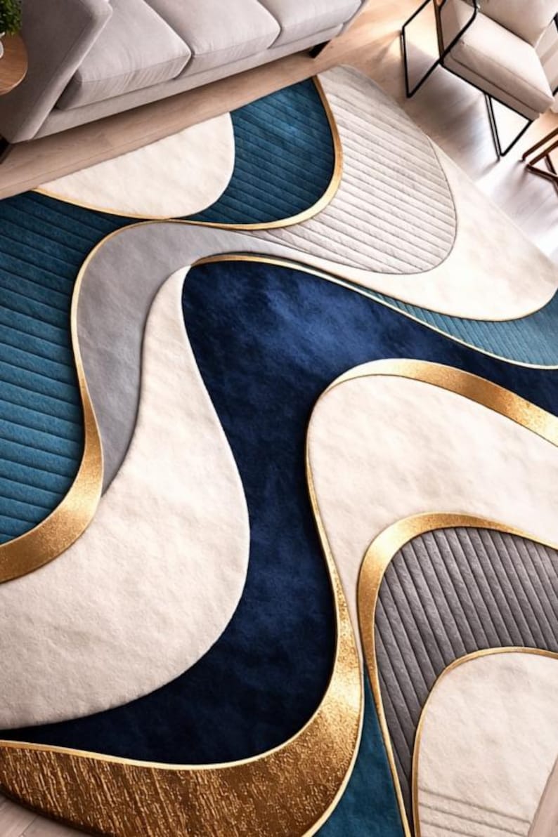 Abstract Blue Gold Wave Area Rug, Contemporary Living Room Carpet ...