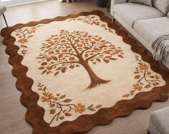 Tree of Life Area Rug, Scalloped Brown Border, Rustic Farmhouse Style