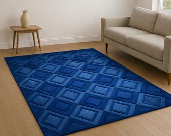 Blue Geometric Area Rug, Modern 3D Pattern, Living Room Carpet