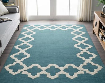 Teal Area Rug, Moroccan Border, Geometric Trellis Design