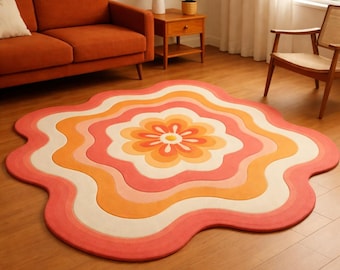 Retro Floral Area Rug, Orange Pink Flower, Mid Century Modern Carpet