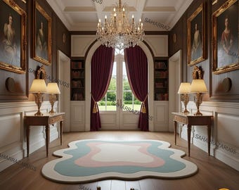 Symmetrical Grand Salon with Crystal Chandelier and Pastel Rug