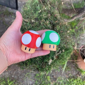 May include: Two mushroom-shaped figurines, one red and one green, each with white spots and a tan base. The figurines are held in a hand against a backdrop of greenery. The mushrooms are reminiscent of a popular video game.