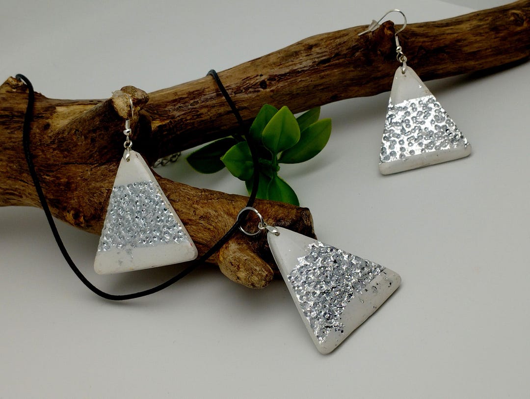 Triangular Jewellery White and Silver Triangle Jewelry Set Made of Polymer Clay! - Etsy