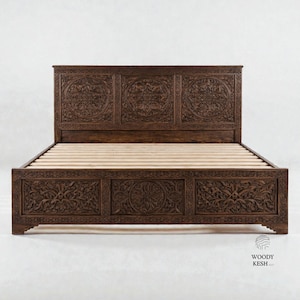 Custom Moroccan Cedar Wood Bed Frame,King Queen Full,Carved Moorish Headboard,Solid Wood,Custom Made,Boho Moroccan Cedar Bedframe