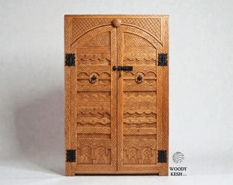 Handcarved Moroccan Armoire in Solid Cedar,Geometric Berber Sideboard,Authentic Heritage Storage Tribal Cabinet for Warmer Minimalism