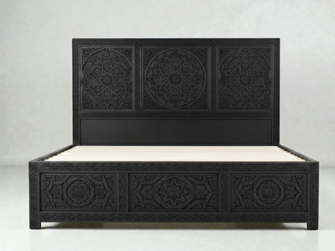Black Handmade Moroccan Cedar Wood Bed Frame,king Queen Full,carved ...