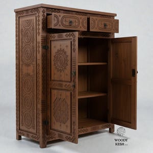 Walnut Wooden Storage Cabinet Hand Carved,Solid Wood Cupboard with Berber Geometric Patterns,Handmade Artisan Furniture,Artisan Design