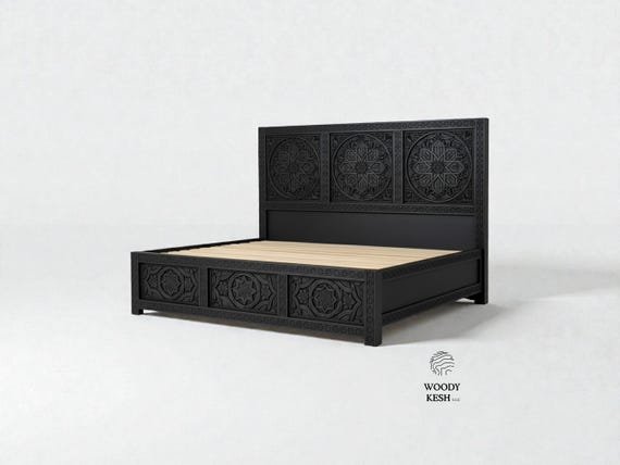 Black Handmade Moroccan Cedar Wood Bed Frame,King Queen Full,Carved Moorish Headboard,Solid Wood,Custom Made,Boho Moroccan Cedar Bed Frame