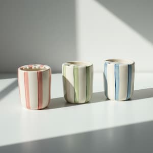 Può includere: Tre tazze in ceramica con strisce verticali rosa, verdi e blu. Le tazze sono cilindriche con una base leggermente arrotondata e una finitura liscia e lucida. Le strisce sono dipinte a mano.