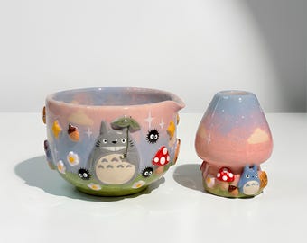 Handmade Forest Friend Ceramic Matcha Set • Pink Sky Chawan Bowl & Whisk Holder • Whimsical Woodland Tea Kit • Birthday Gift • Home Decor