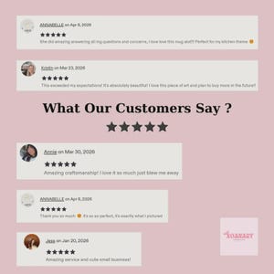 May include: A customer review graphic on a dusty pink background featuring the text What Our Customers Say, five black stars, and five individual review blocks with user names, dates, five-star ratings, and written feedback, plus a small logo.