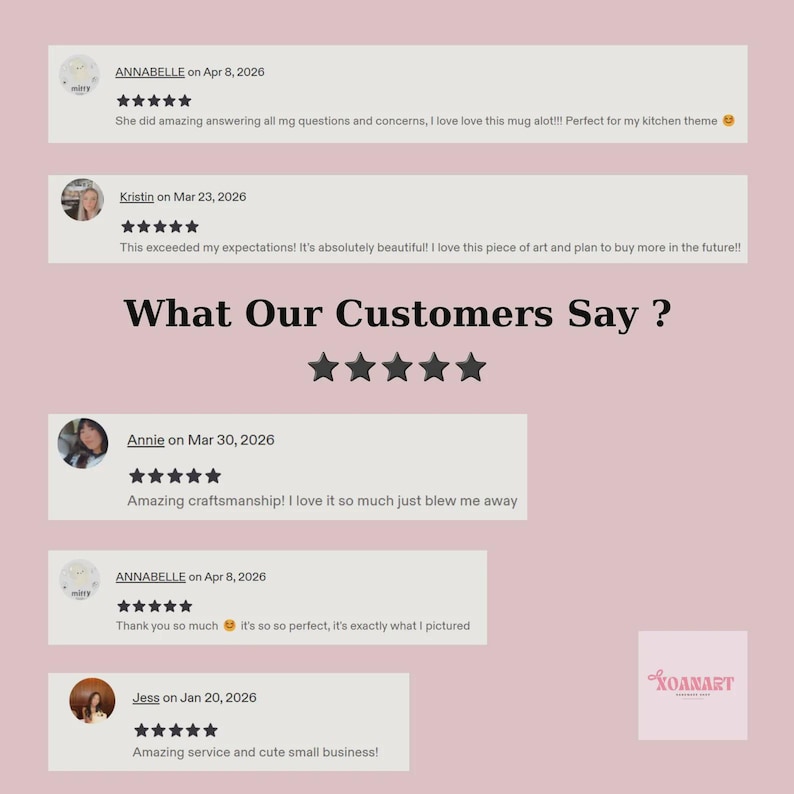May include: A customer review graphic on a dusty pink background featuring the text What Our Customers Say, five black stars, and five individual review blocks with user names, dates, five-star ratings, and written feedback, plus a small logo.