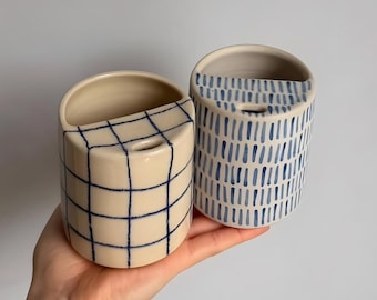 Minimalist Hand-Painted Grid - Stripe Pattern - Handmade Ceramic Travel Mug - On-The-Go Coffee Mug with Lid - Modern Art Gift - Home Decor