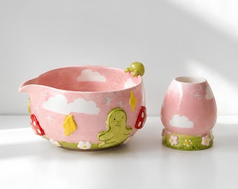 Handgjord svamp-Smiski Matcha-skål och visphållare - Rosa keramiskt teset med feer - Handgjord keramik