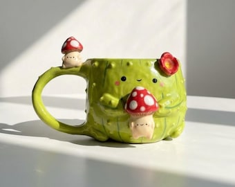 Handmade Cactus Mushroom Mug – Cute Ceramic Mug with 3D Mushroom Details, Whimsical Cottagecore Coffee Cup Gift - Home Decor - Birthday Gift