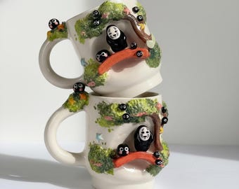 Handmade No Face Ceramic Mug - Personalized 3D Forest Spirit Coffee Cup - Whimsical Anime Inspired Pottery - Unique Gift for Art Lovers