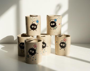 Hand-Painted Soot Spirit Ceramic Travel Mug – Whimsical Stardust Coffee Tumbler - Birthday Gift - Gift For Her