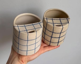 Handmade Ceramic Travel Mug - Minimalist Hand-Painted Grid - Stripe Pattern - On-The-Go Coffee Mug with Lid - Modern Art Gift - Home Decor