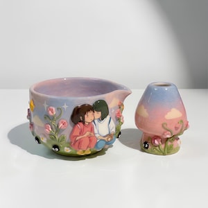 Juego de té Matcha de cerámica hecho a mano con diseño de pareja mágica • Tazón Chawan y soporte para batidor únicos inspirados en el anime • Lindo kit de té 3D del mundo espiritual • Regalo para ella