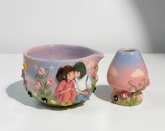 Handgefertigtes Matcha-Set aus Keramik für magische Paare • Einzigartige, von Anime inspirierte Chawan-Schale mit Schneebesenhalter • Niedliches 3D-Tee-Set aus der Geisterwelt • Geschenk für Sie