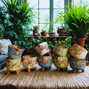 Puede incluir: Una colección de pequeñas macetas de cerámica pintadas a mano en varios colores, incluyendo azul, verde y crema. Cada maceta presenta un diseño floral con flores amarillas, naranjas y rosas. Las macetas se exhiben sobre una superficie tejida.