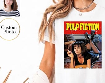 Custom Movie Poster Portrait T-Shirt, Personalized Couple Photo Tee, Vintage Film Cotton Shirt