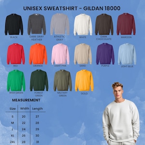 Puede incluir: Una selecci&oacute;n de sudaderas unisex Gildan 18000 en varios colores, incluyendo negro, gris, blanco, rojo y verde. La imagen tambi&eacute;n muestra una tabla de tallas con medidas en cent&iacute;metros, desde 51 cm de ancho para la talla S hasta 71 cm para la talla 2XL. El texto "UNISEX SWEATSHIRT - GILDAN 18000" est&aacute; en la parte superior.