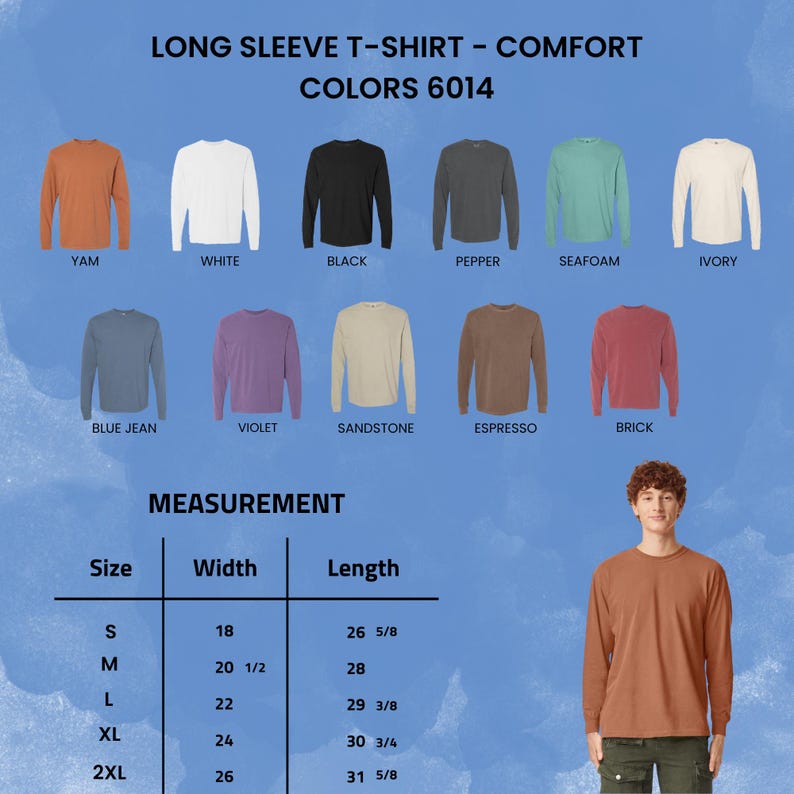 May include: A display of long-sleeve comfort t-shirts in various colors, including yam, white, black, pepper, seafoam, and ivory. The image also shows blue jean, violet, sandstone, espresso, and brick colored shirts. Measurements are provided for sizes S to 2XL.